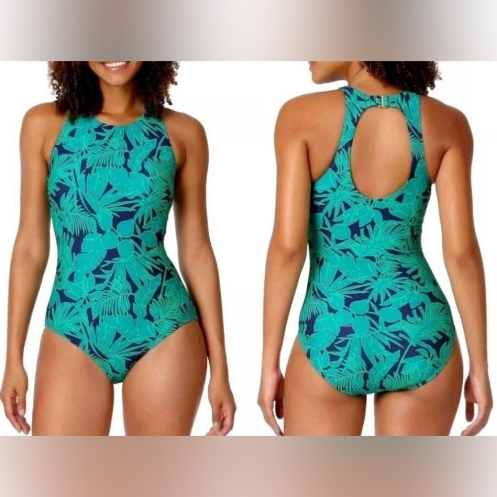 Lands' End Women's High Neck Emerald Navy Floral UPF Keyhole Swimsuit Size XS